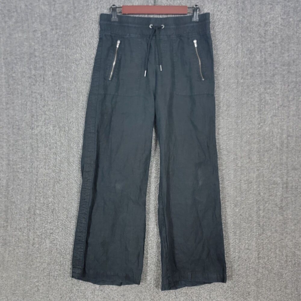 Athleta Cabo Linen Wide Leg Pants Womens 2P Black Elastic Waist Drawstring Boho